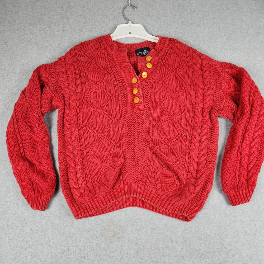 Hunters Run Sweater Womens Medium Vibrant Red Cable Knit Ribbed Hem Long Sleeve